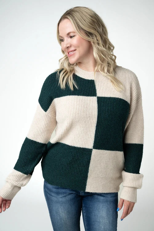 PREORDER  Michelle Mae | Checkered Block Sweater | Cream and Evergreen