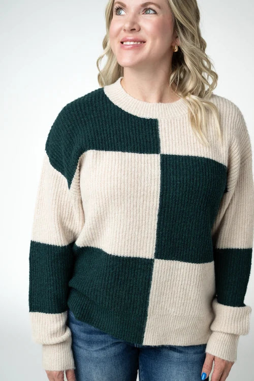 PREORDER  Michelle Mae | Checkered Block Sweater | Cream and Evergreen