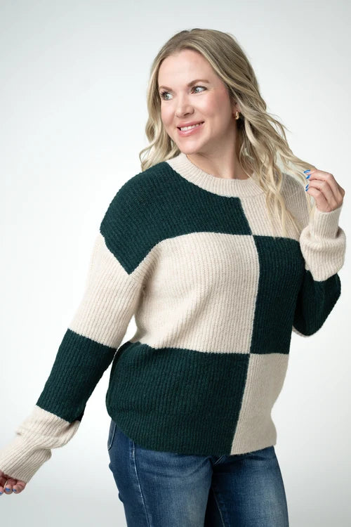 PREORDER  Michelle Mae | Checkered Block Sweater | Cream and Evergreen