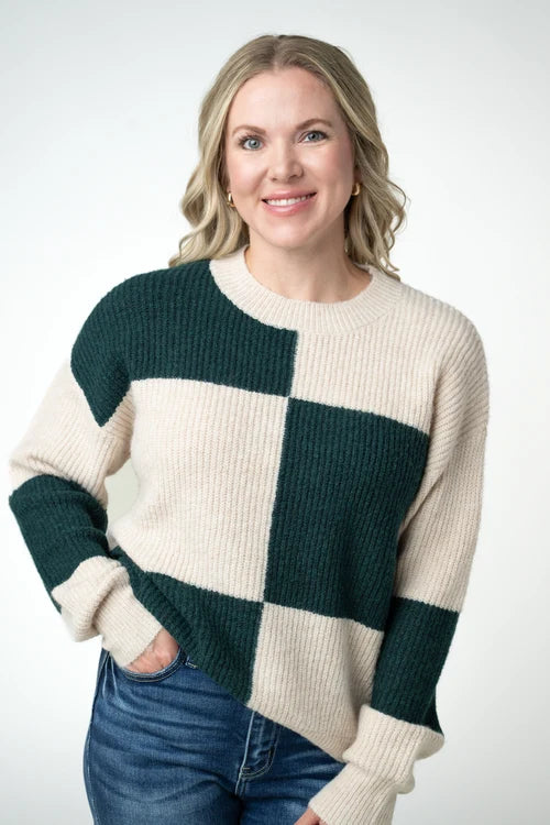 PREORDER  Michelle Mae | Checkered Block Sweater | Cream and Evergreen