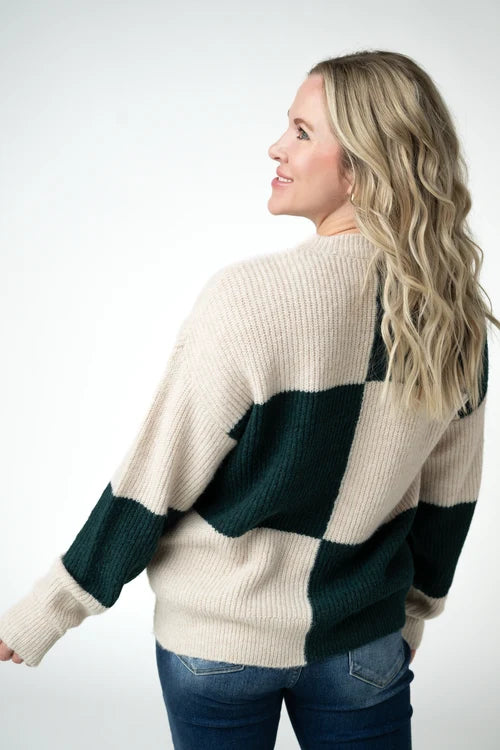 PREORDER  Michelle Mae | Checkered Block Sweater | Cream and Evergreen