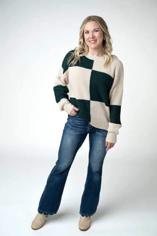 PREORDER  Michelle Mae | Checkered Block Sweater | Cream and Evergreen
