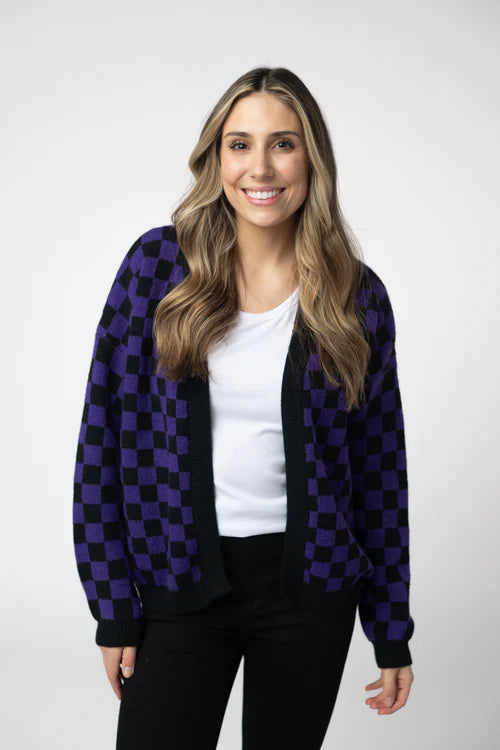 PREORDER  Michelle Mae | Micro Checkered Cardigan | Black & Purple