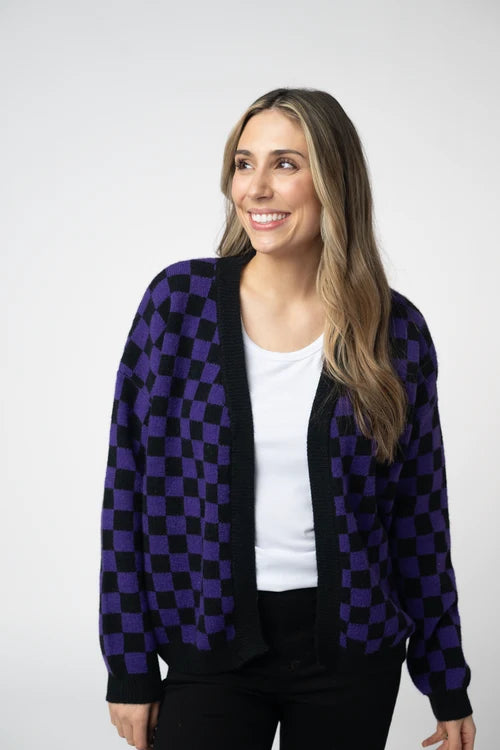 PREORDER  Michelle Mae | Micro Checkered Cardigan | Black & Purple