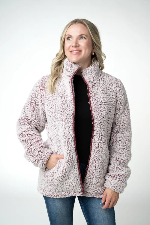 PREORDER  Michelle Mae | Two Tone FullZip Sherpa | Cranberry & White