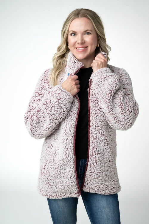 PREORDER  Michelle Mae | Two Tone FullZip Sherpa | Cranberry & White