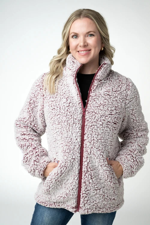 PREORDER  Michelle Mae | Two Tone FullZip Sherpa | Cranberry & White