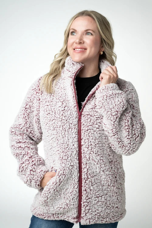 PREORDER  Michelle Mae | Two Tone FullZip Sherpa | Cranberry & White