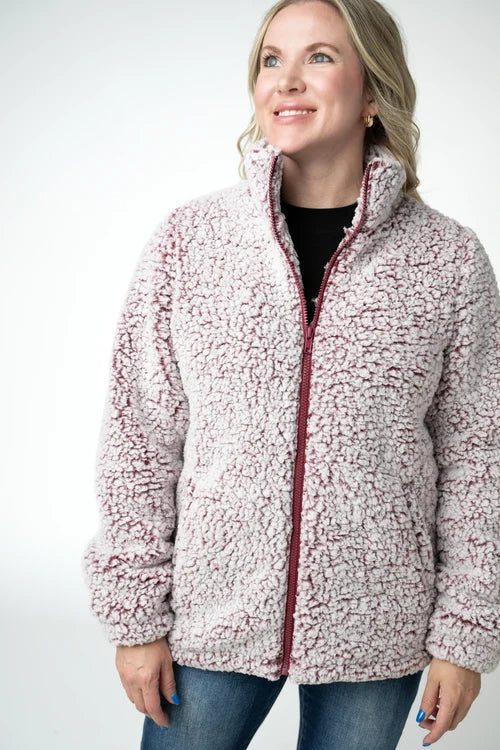 PREORDER  Michelle Mae | Two Tone FullZip Sherpa | Cranberry & White