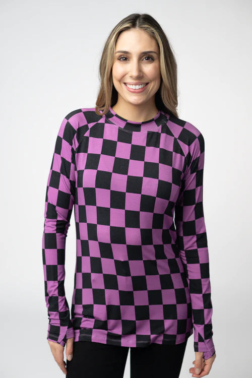 PREORDER  Michelle Mae | Blair Long Sleeve Top | Black and Purple Checkers