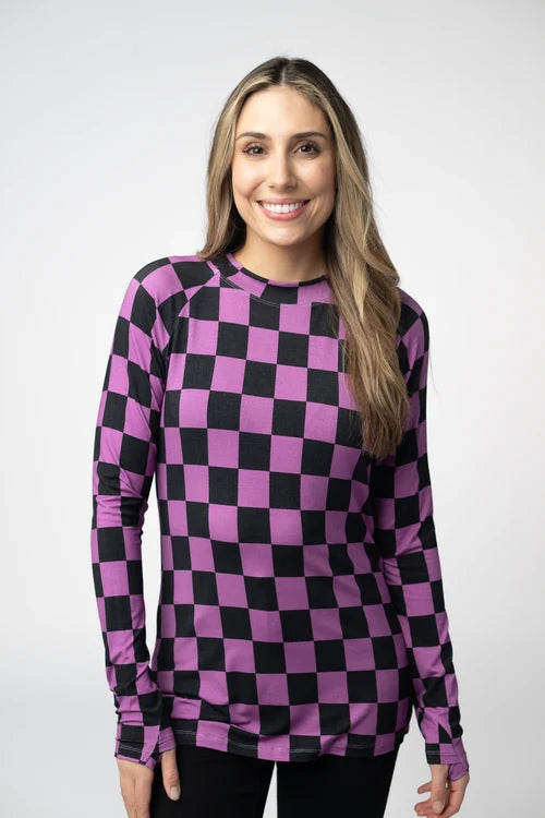 PREORDER  Michelle Mae | Blair Long Sleeve Top | Black and Purple Checkers