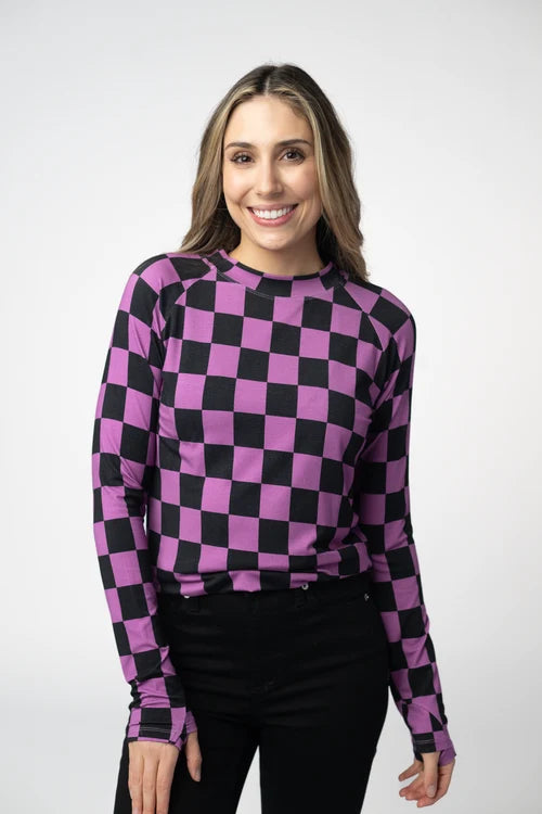 PREORDER  Michelle Mae | Blair Long Sleeve Top | Black and Purple Checkers