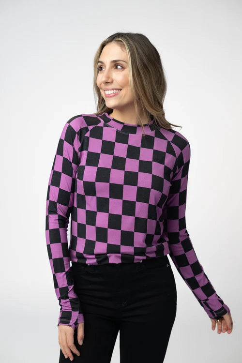 PREORDER  Michelle Mae | Blair Long Sleeve Top | Black and Purple Checkers