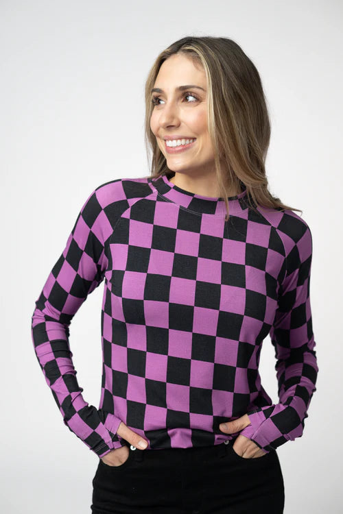 PREORDER  Michelle Mae | Blair Long Sleeve Top | Black and Purple Checkers