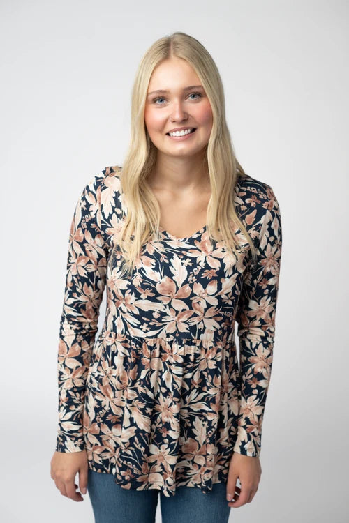 PREORDER  Michelle Mae | Sarah Ruffle Top | Navy Autumn Petals