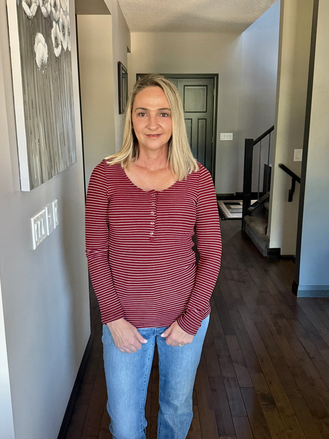 Michelle Mae | Striped Henley Long Sleeve | Burgundy