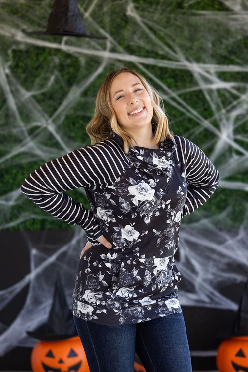 Michelle Mae | Zoey ZipCowl Sweatshirt | Black Floral & Stripes