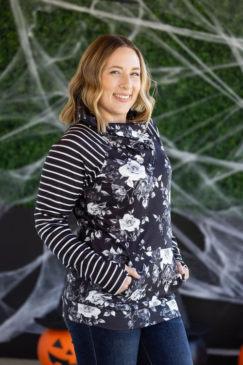 Michelle Mae | Zoey ZipCowl Sweatshirt | Black Floral & Stripes