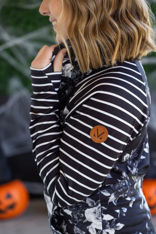 Michelle Mae | Zoey ZipCowl Sweatshirt | Black Floral & Stripes