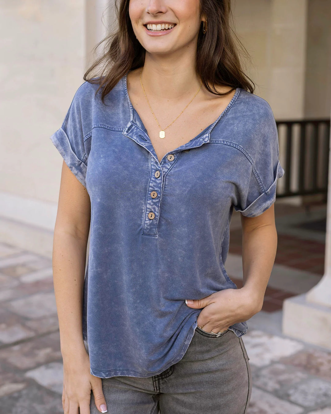 Grace and Lace | Henley Mineral Washed Tee | Washed Navy
