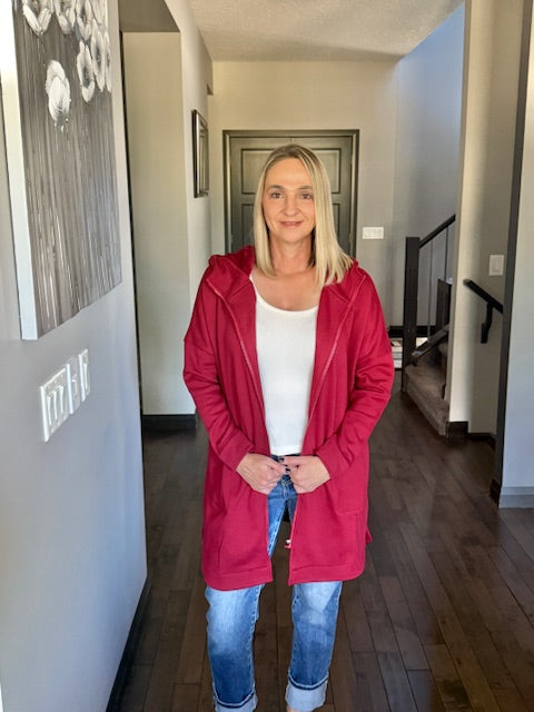 Longline Zip Up Jacket | Red Velvet