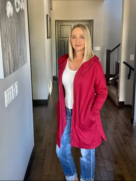 Longline Zip Up Jacket | Red Velvet