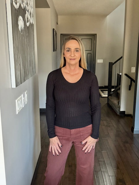 Pointelle Long Sleeve Knit Top