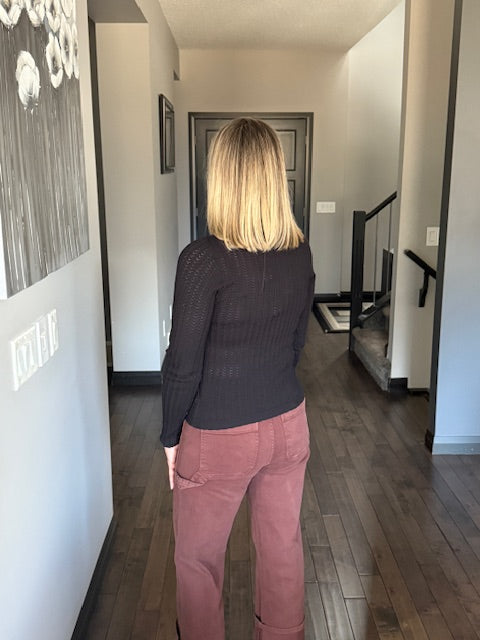 Pointelle Long Sleeve Knit Top