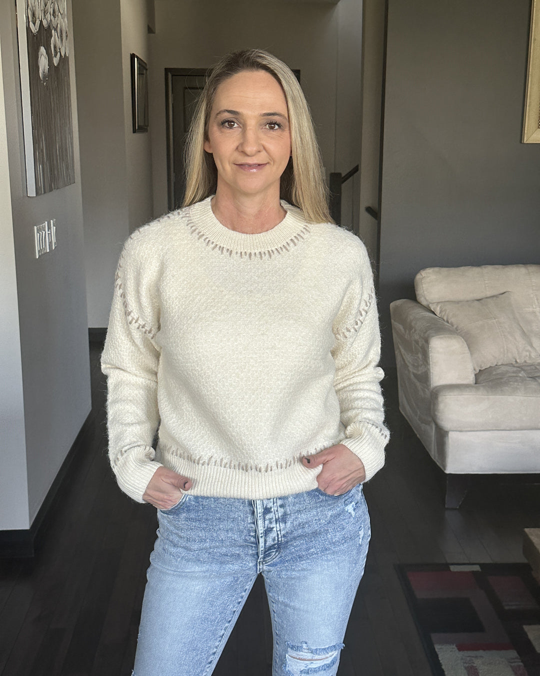 RD Style | Lottie Crew Neck Pullover | Cream and Taupe