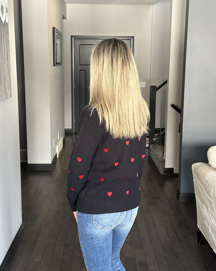 Embroidered Hearts Ribbed Sweater