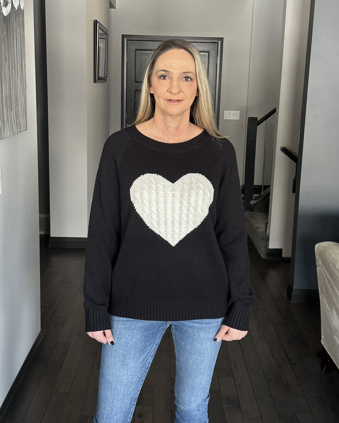 Cable Knit Heart Sweater | Black & Ivory
