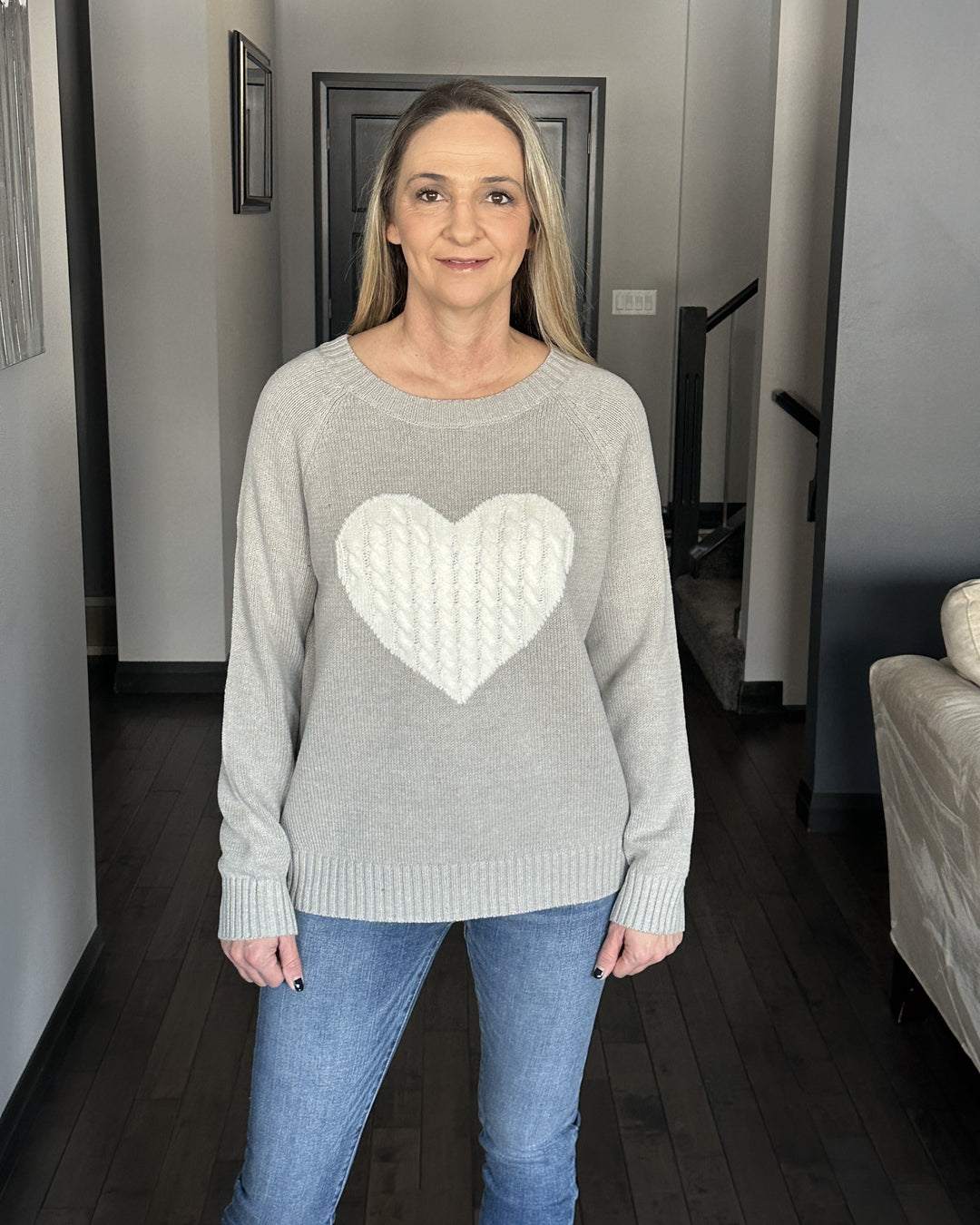 Cable Knit Heart Sweater | Grey & Ivory
