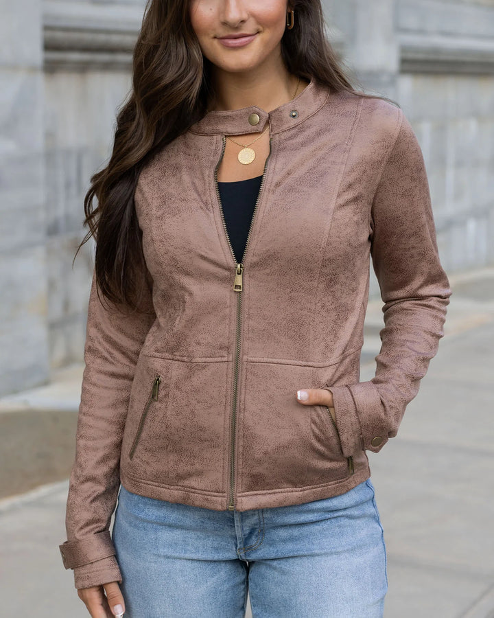 Grace and Lace | Leather Like Cafe Racer Jacket | Taupe