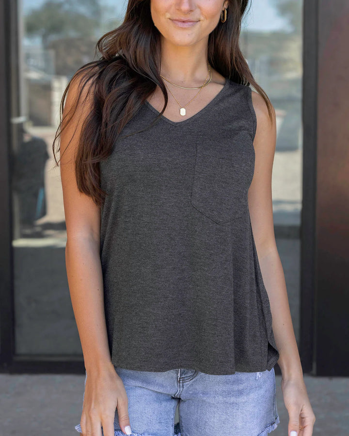 Grace and Lace | Perfect Pocket V-Neck Tank | Charcoal