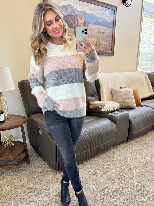 Michelle Mae | Cozy Block Sweater | Pink & Grey