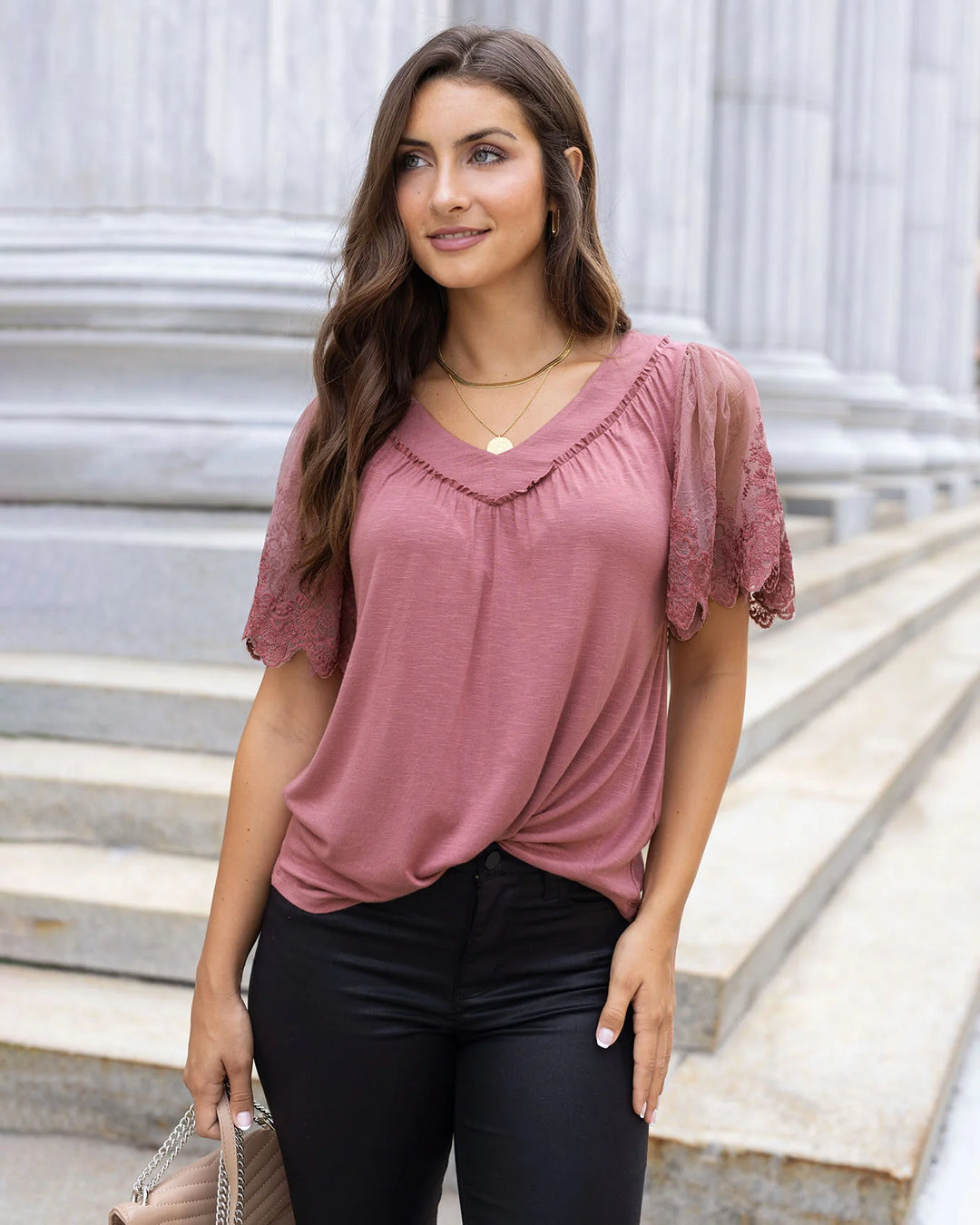 Grace and Lace | Sable Lace Sleeve Top | Rose Dawn