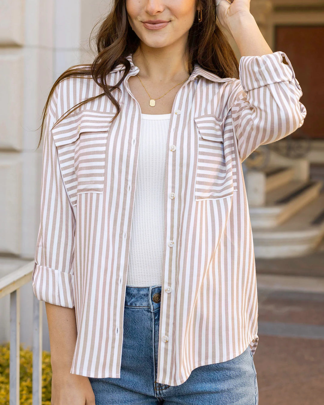Grace and Lace | Seaside Striped Button Down Shirt | Tan-Ivory