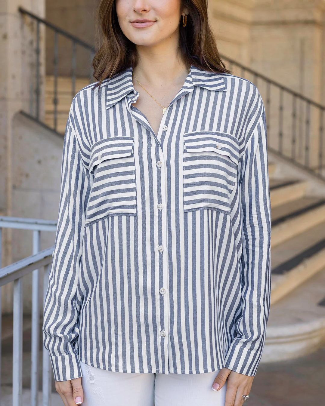 Grace and Lace | Seaside Striped Button Down Shirt | Blue-Ivory