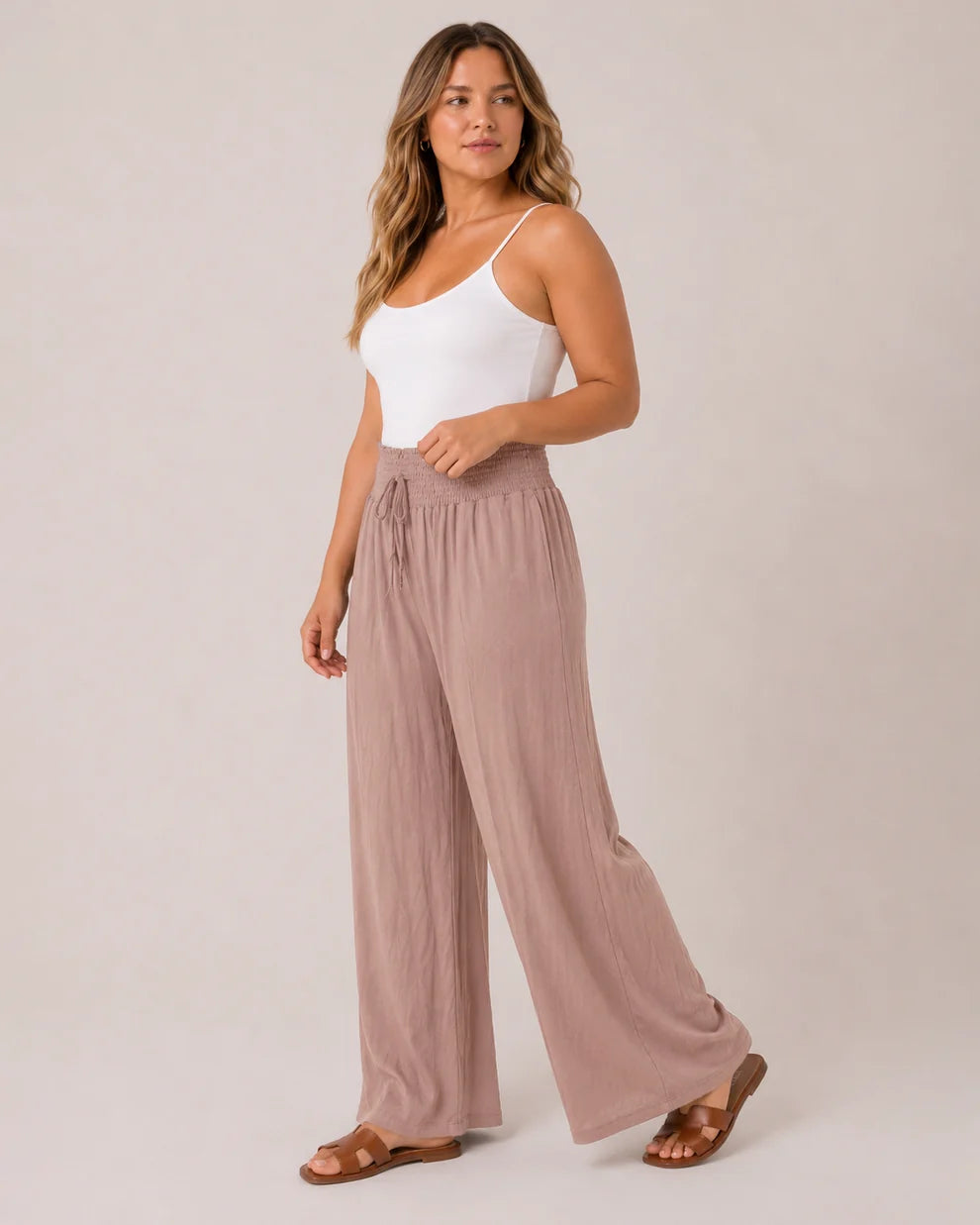 Grace and Lace | Smocked Waist Wide Leg Pants | Light Mocha