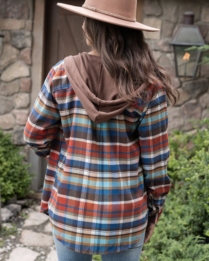 Grace and Lace | Stretch Flex Hooded Shacket | Denim/Rust Plaid