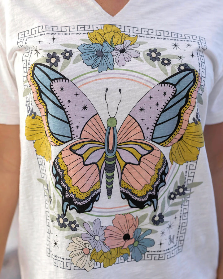 Grace and Lace | Notched Neck Washed & Worn Graphic Tee | Butterfly