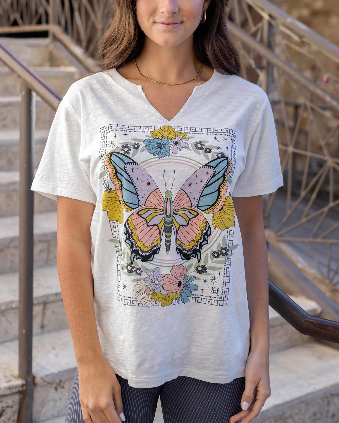 Grace and Lace | Notched Neck Washed & Worn Graphic Tee | Butterfly