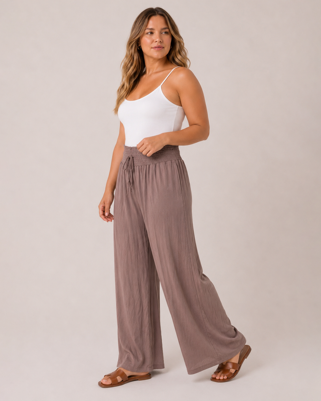 Grace and Lace | Smocked Waist Wide Leg Pants | Light Mocha