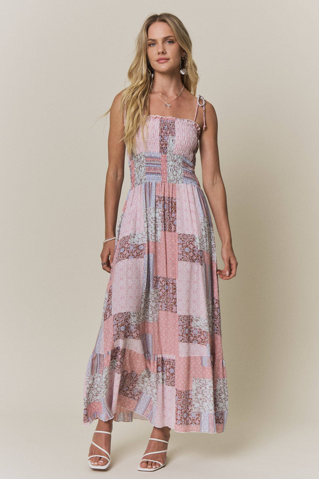 Patchwork Smocked Top Maxi Dress | Mauve