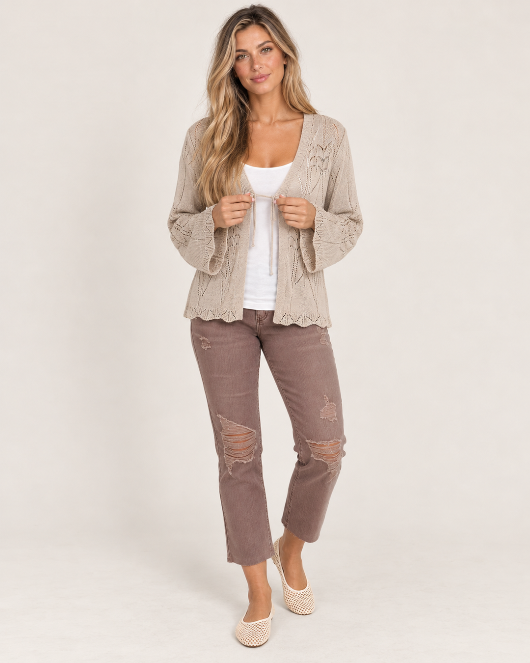 Grace and Lace | Open Knit Tie Front Cardigan | Taupe