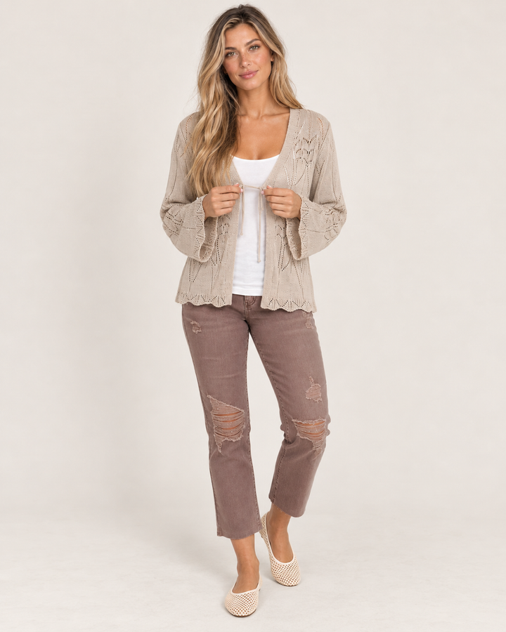 Grace and Lace | Open Knit Tie Front Cardigan | Taupe