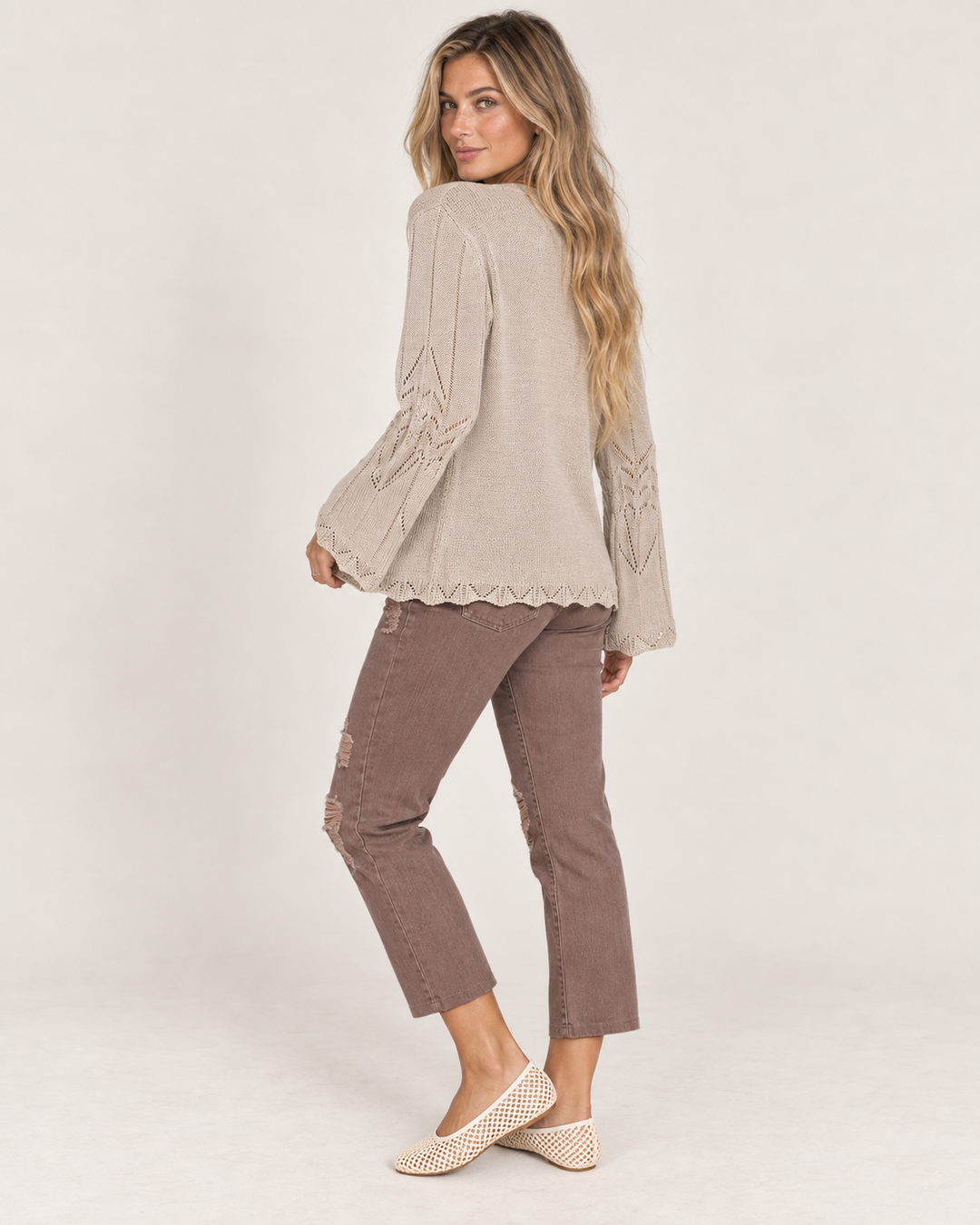 Grace and Lace | Open Knit Tie Front Cardigan | Taupe