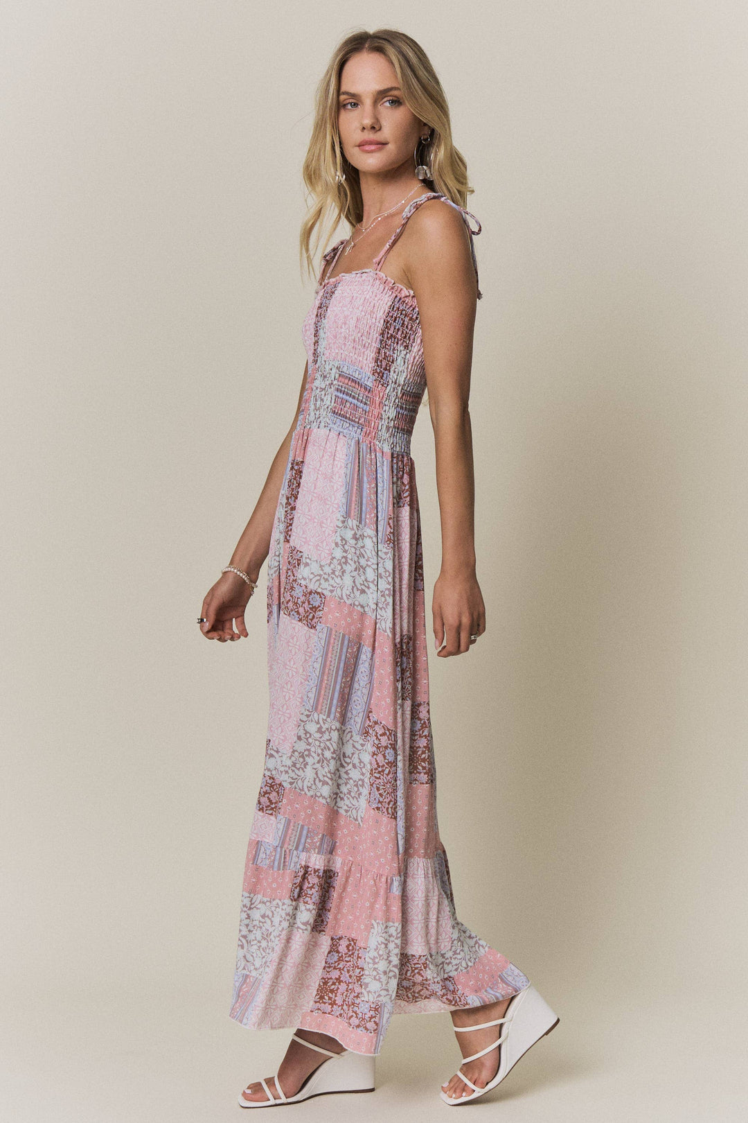 Patchwork Smocked Top Maxi Dress | Mauve