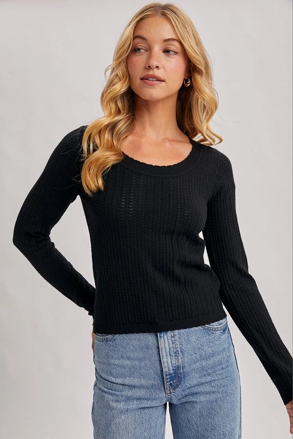 Pointelle Long Sleeve Knit Top