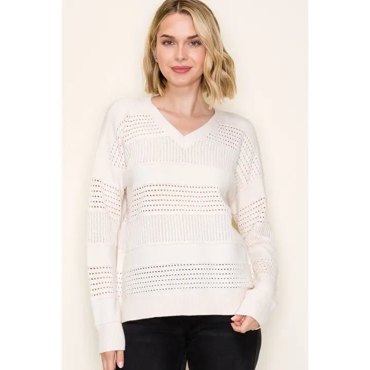 Pointelle Striped Sweater | Almond